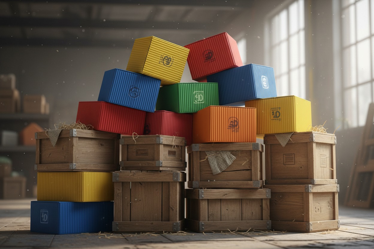 A large stack of colorful cardboard boxes resting on top of wooden crates in a sunlit warehouse.